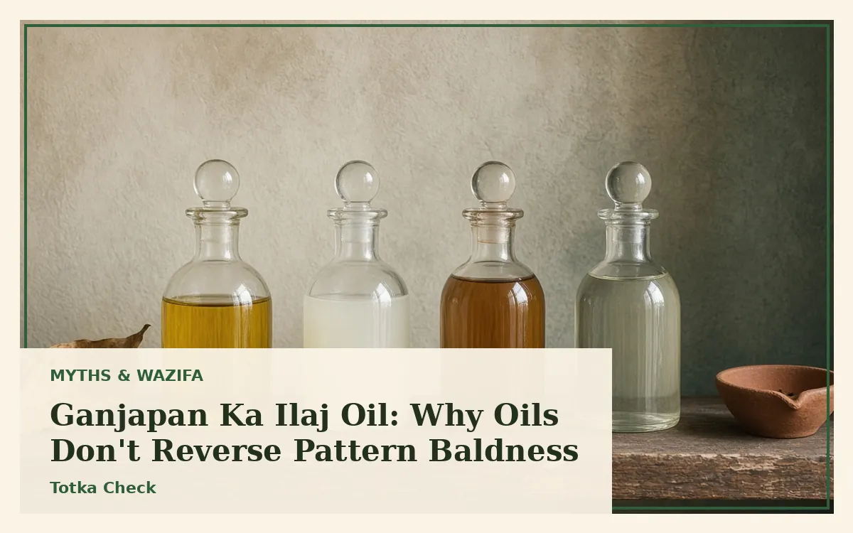 Row of traditional hair oil bottles on a wooden shelf with a clay diya