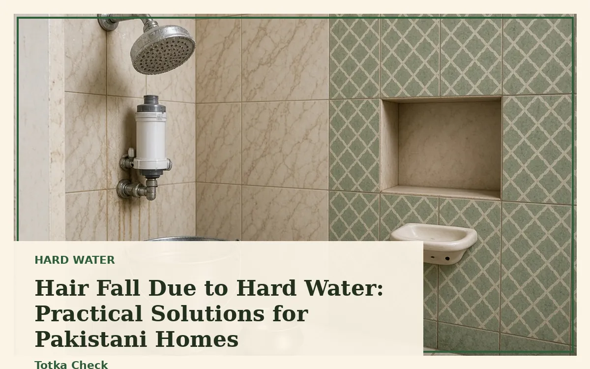 Pakistani bathroom with bucket, lota, showerhead and a shower filter