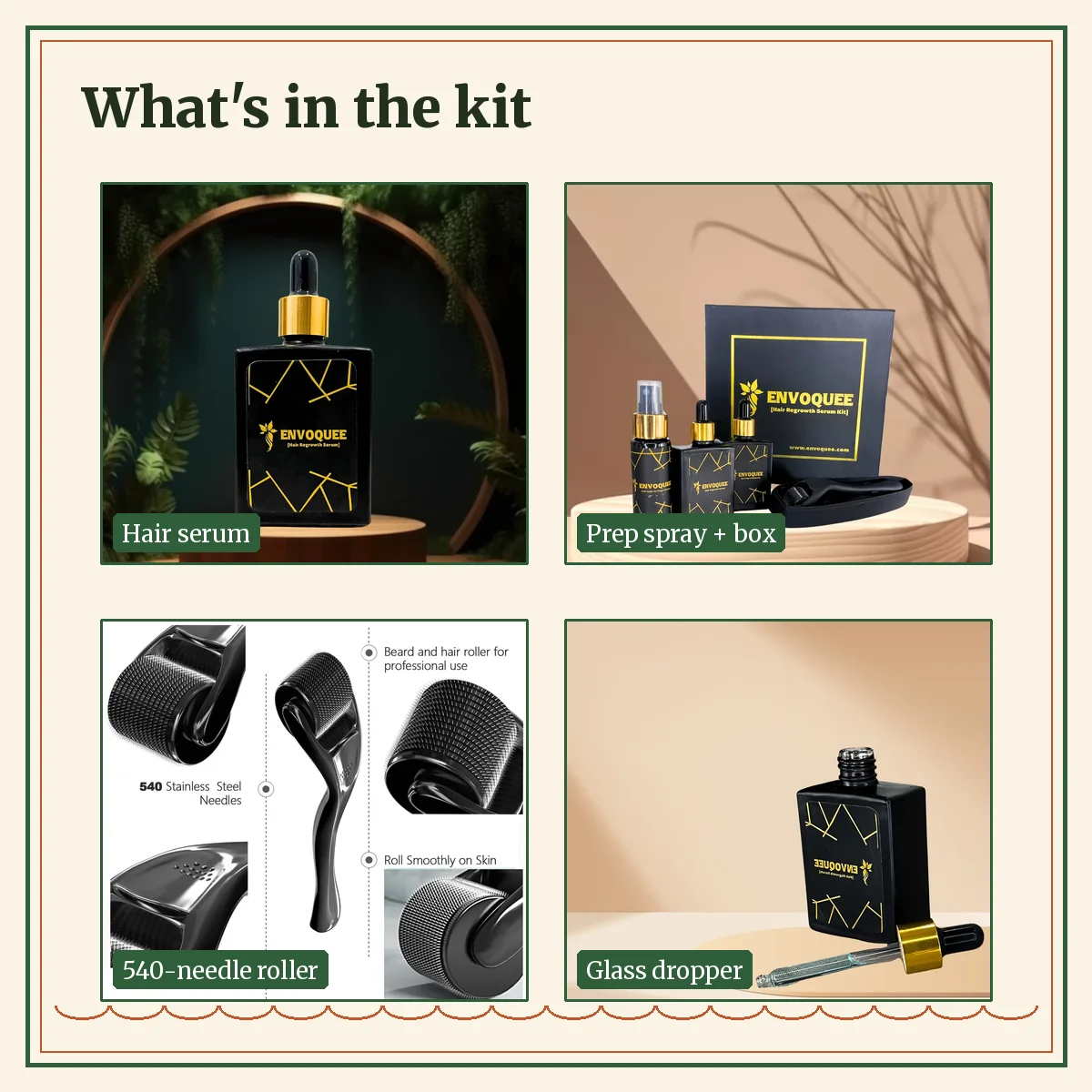 What's in the kit: hair serum dropper bottle, prep spray with gift box, 540-needle derma roller and glass dropper